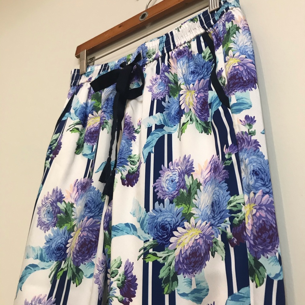 J. Crew White Floral Drawstring Pants with Blue & Purple Print - Picture 3 of 9